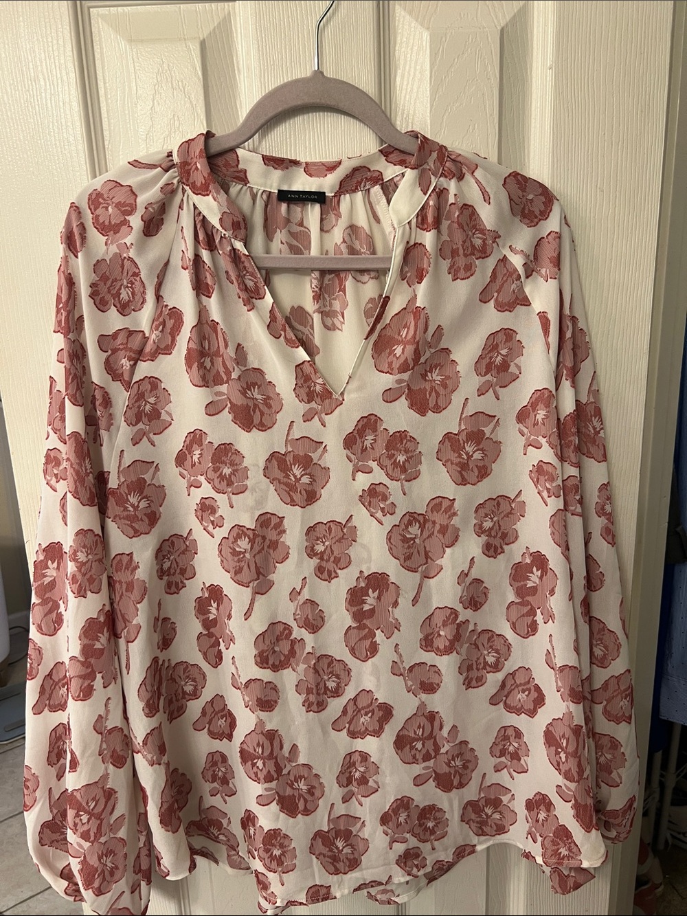 Ann Taylor Cream Blouse with Rose Pink Floral Print